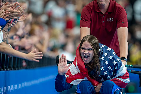 2024 Paris Paralympics: Christie Raleigh-Crossley, of the U.S., greets supporters after winning at Women's 100m Backstroke -S9